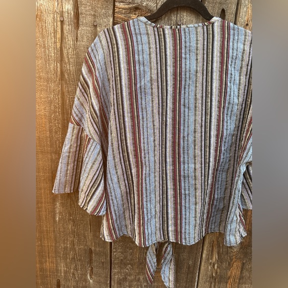 Blu Pepper Blue Red V-Neck Striped Front Tie Pullover Bell Short Sleeve Top - Picture 5 of 8